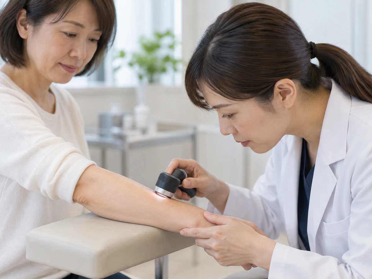 医師がダーモスコープを使って女性の前腕の皮膚を観察している。