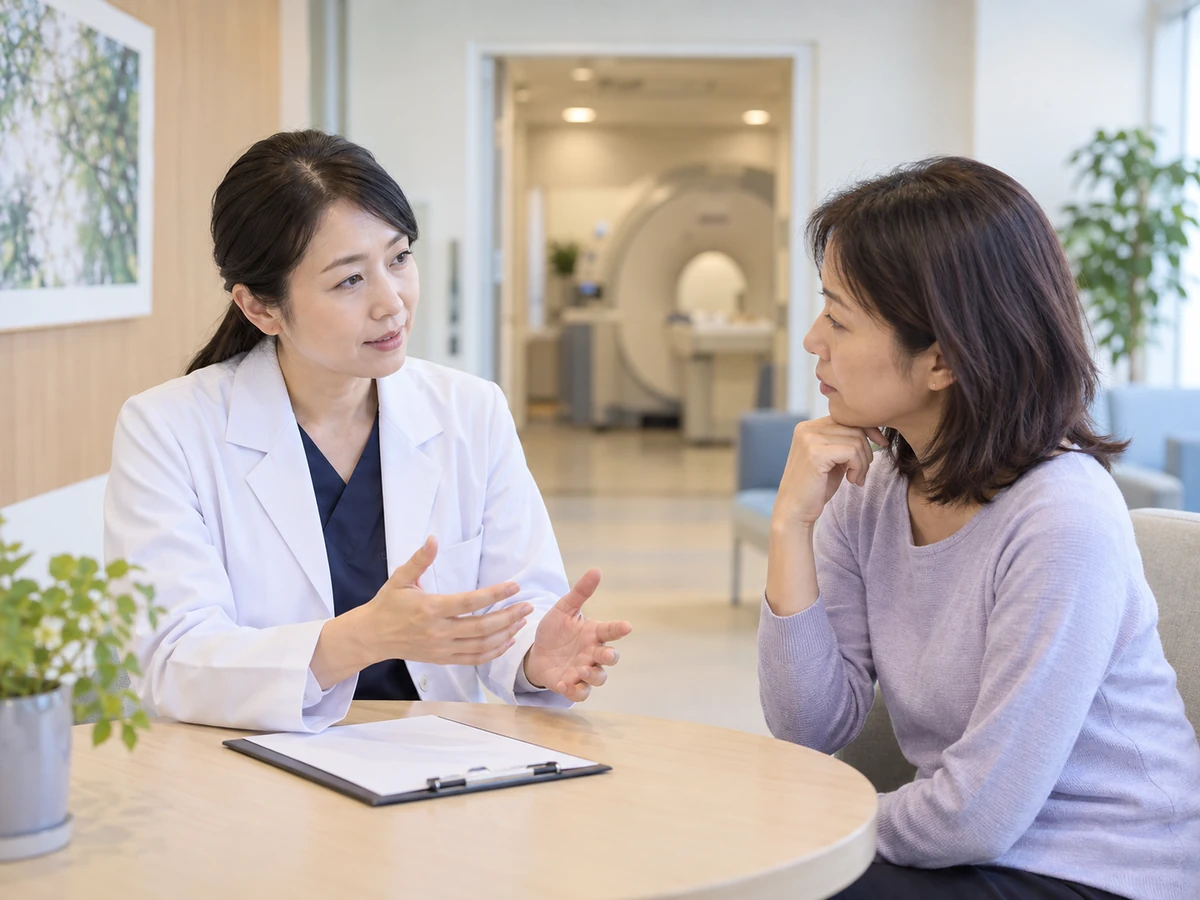 画像検査の説明を医師から受ける女性。