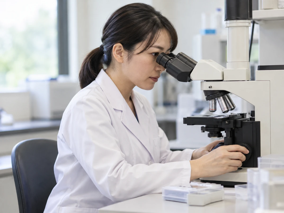 検査室で顕微鏡をのぞいて標本を確認する白衣の専門家