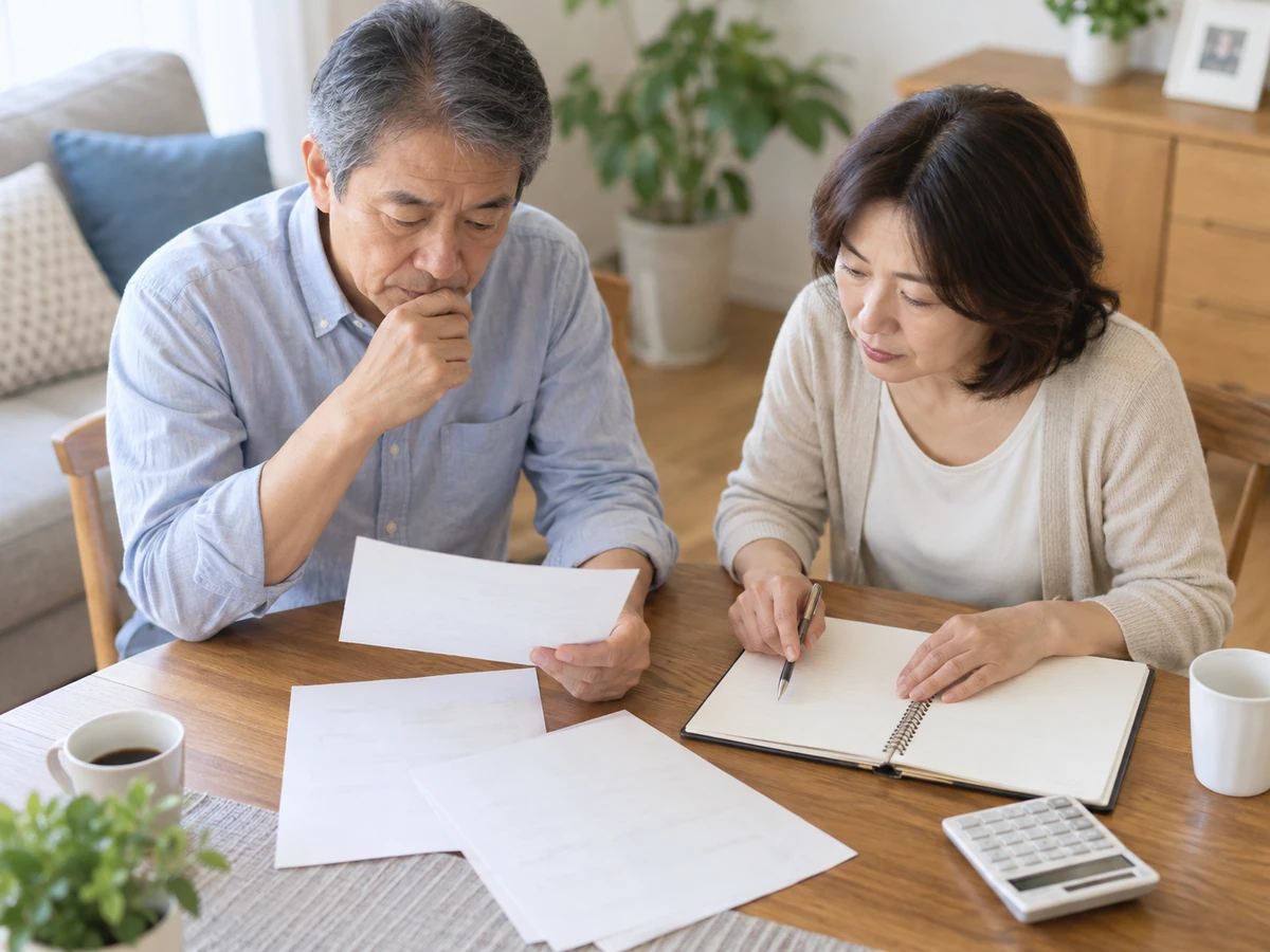 自宅で妻とともに資料、ノート、電卓を使って費用を整理する男性
