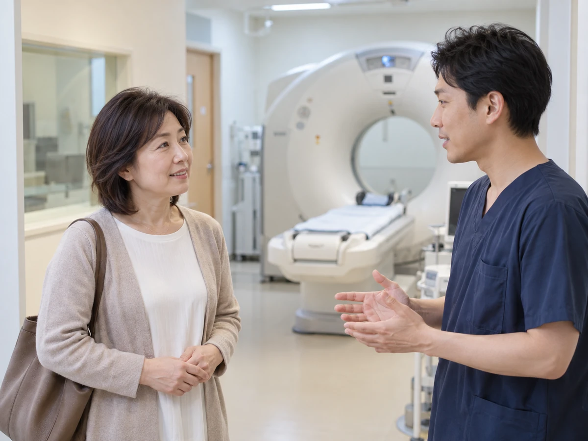 画像検査室の前で検査についてスタッフの説明を受ける女性