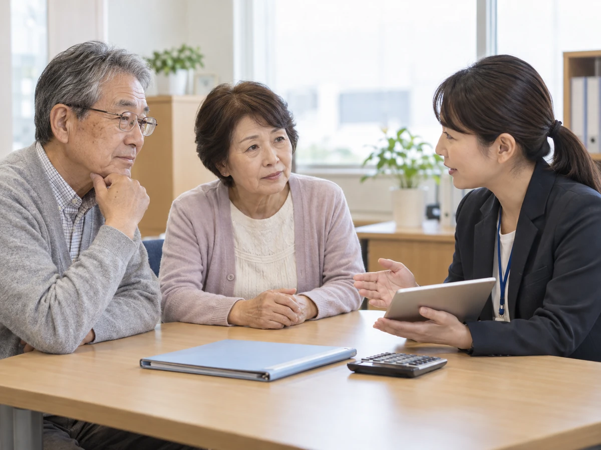 夫婦が相談担当者に話を聞いている。テーブルに書類入れと電卓が置かれている。