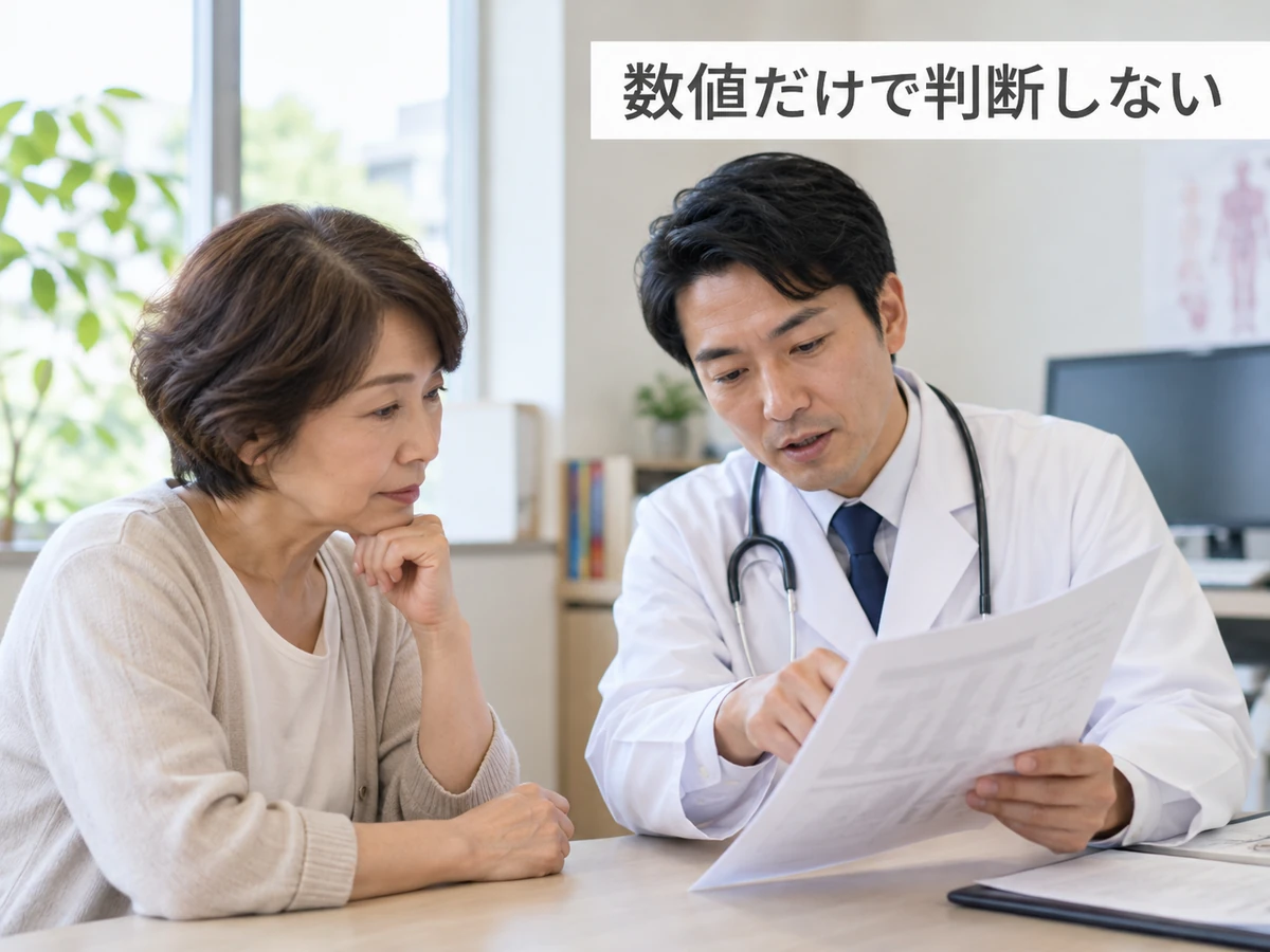 数値だけで判断しないという言葉とともに医師と検査資料を確認する女性の写真