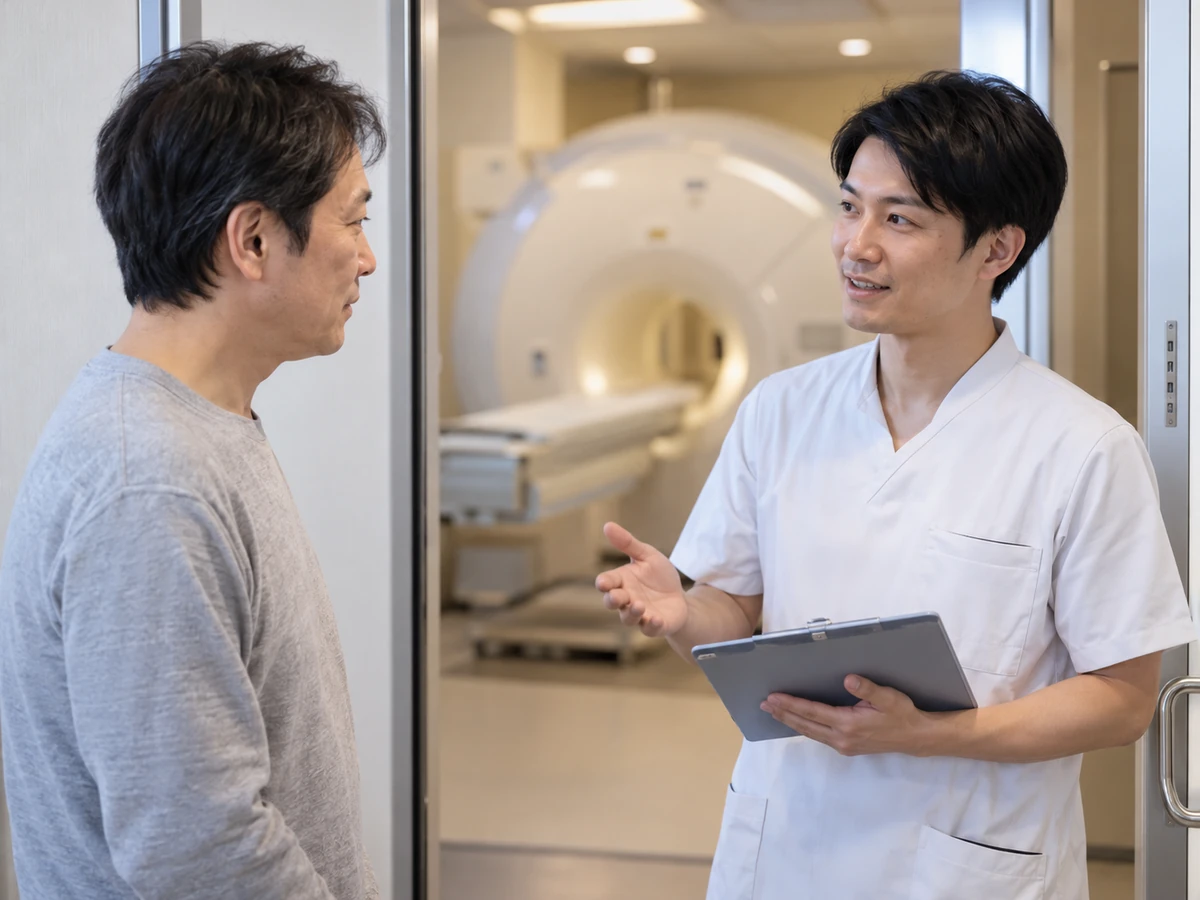 MRI検査室の入口で、男性が医療者から説明を受けている。