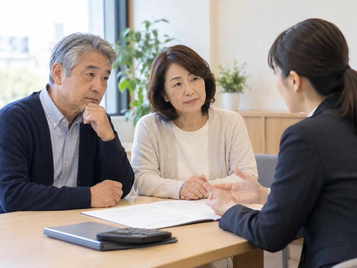 治療費について資料と電卓を用いて相談員へ相談する夫婦