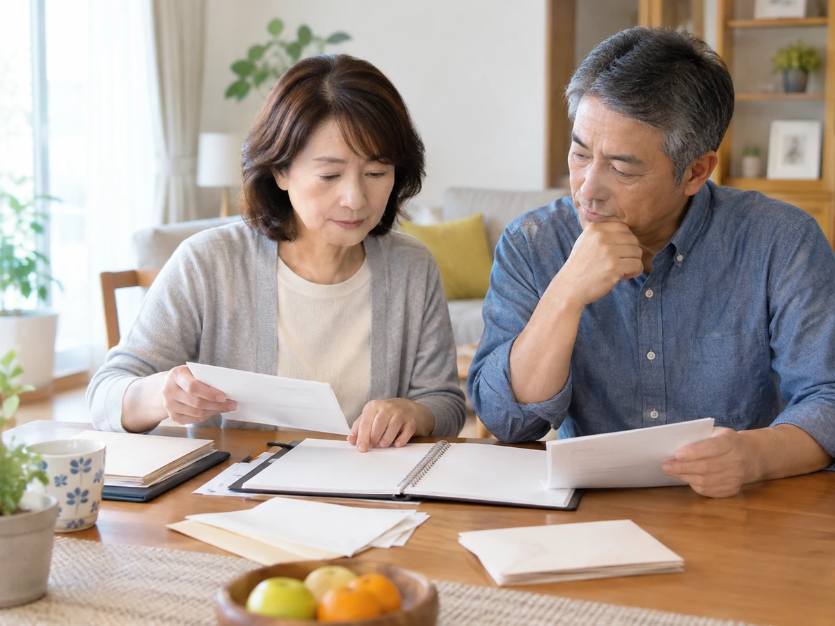 自宅で治療に関する書類や費用を整理する夫婦