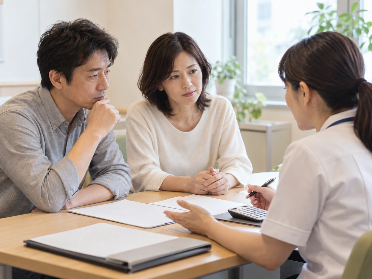男性と女性が、電卓や書類を使う相談員に話を聞く様子
