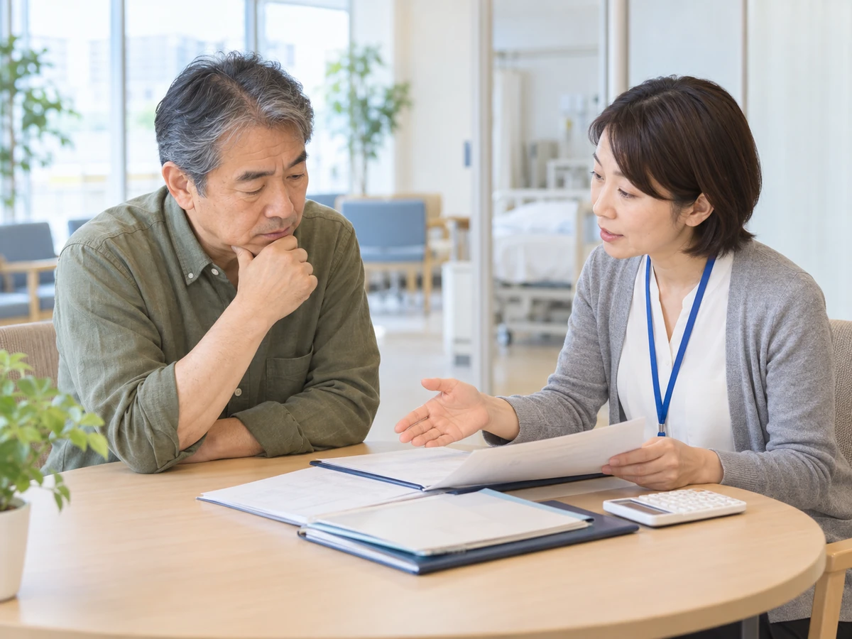 相談員と資料や電卓を見ながら医療費について相談する高齢男性の写真