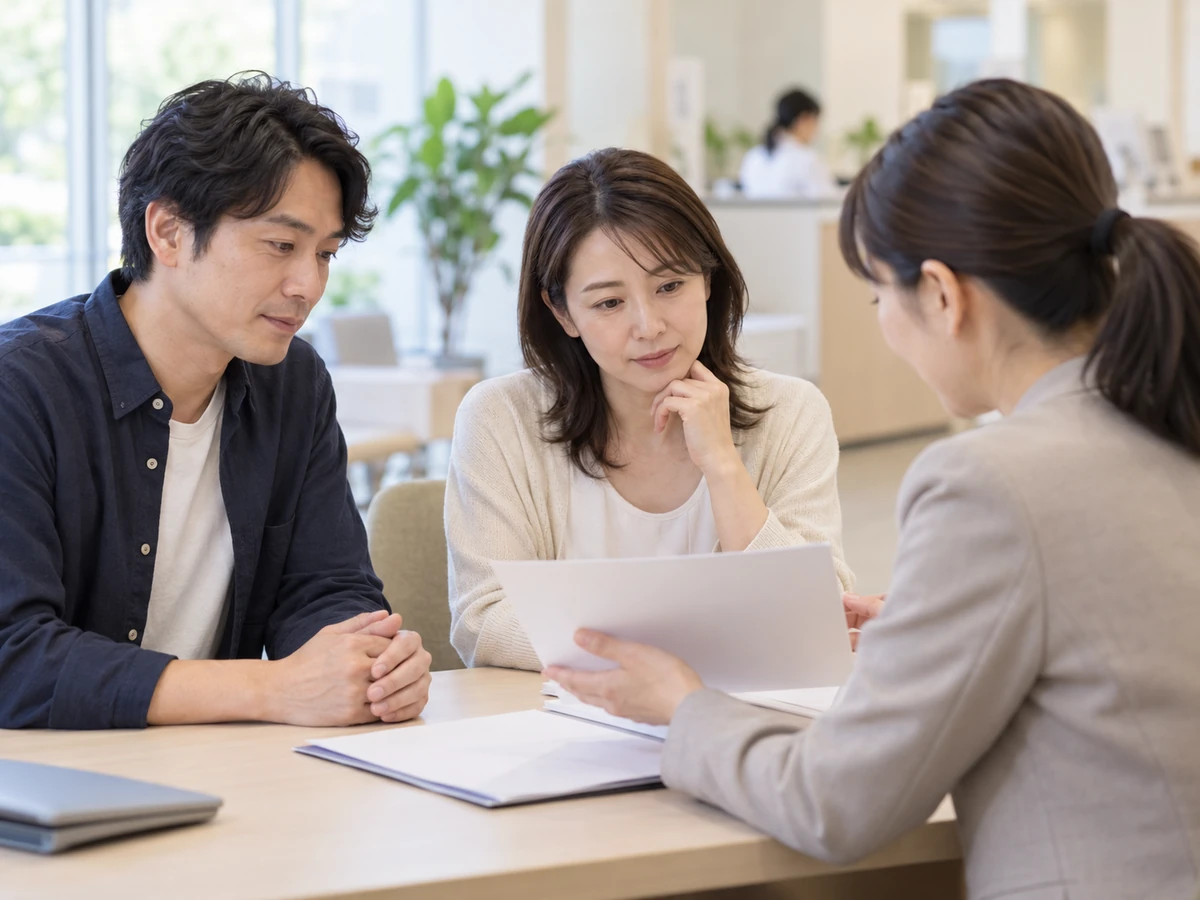 女性がパートナーと病院の相談員から書類の説明を受ける場面。