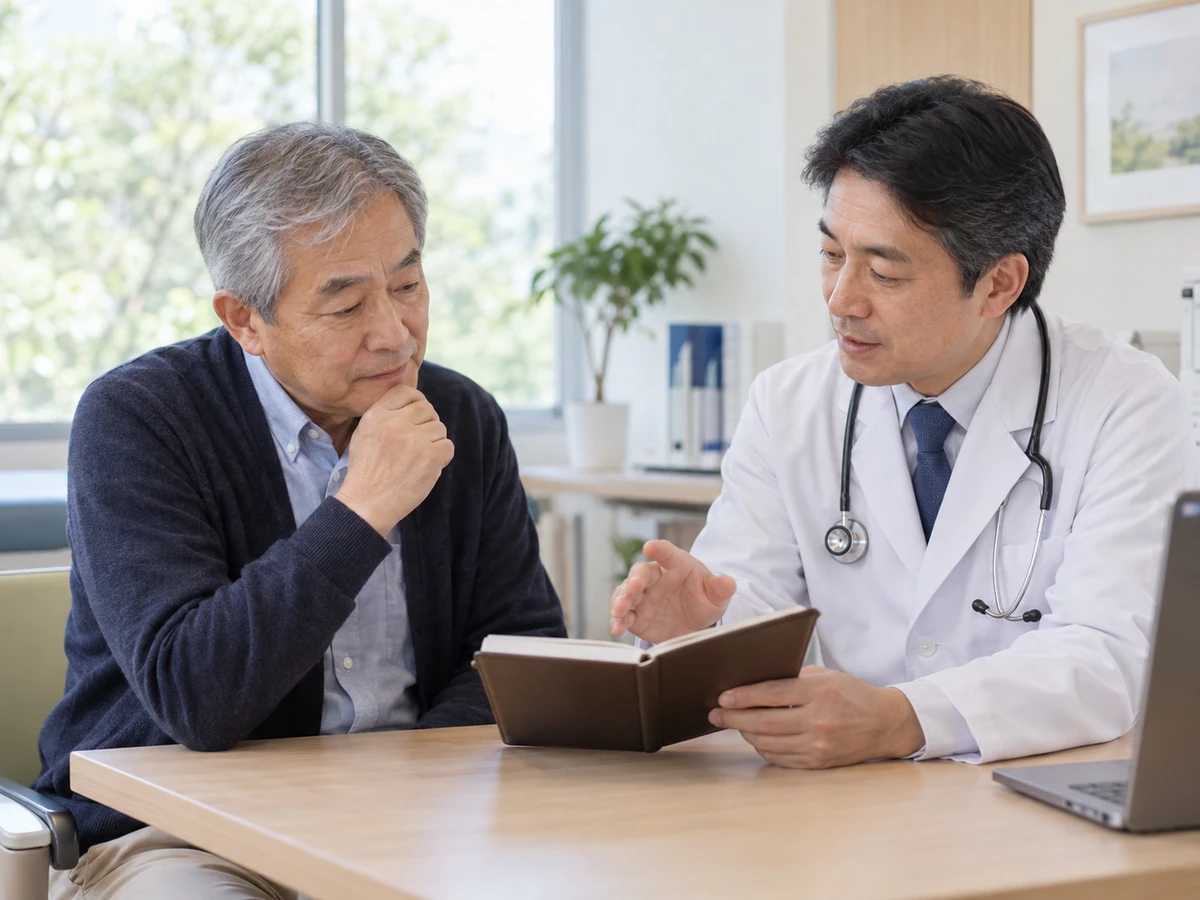 今後の検査や治療の方針について手帳を見ながら医師に相談する男性