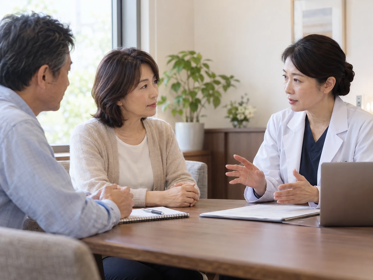 家族とともに医師から手術について説明を聞く女性