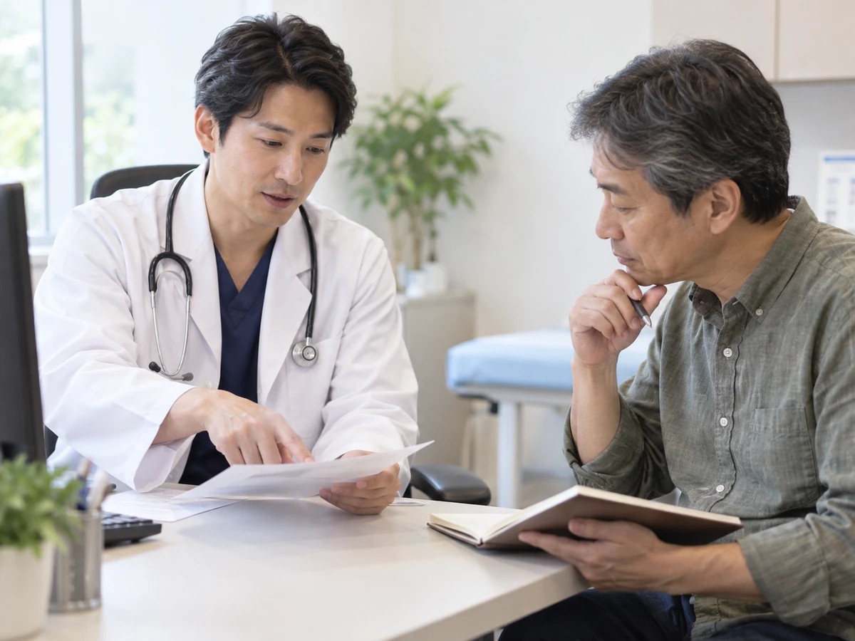 男性がノートを開き、医師と検査の説明資料を確認している。