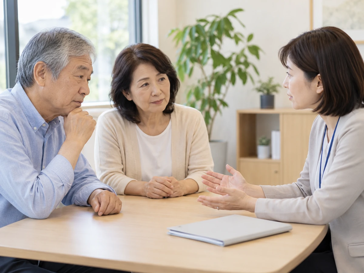 病院の相談室で治療費や支援について相談員と話す夫婦