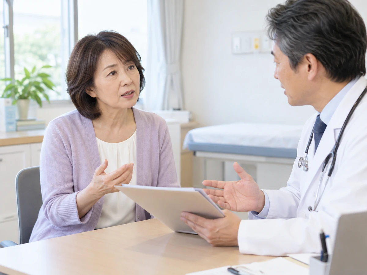 医師に薬物療法について質問する女性の写真