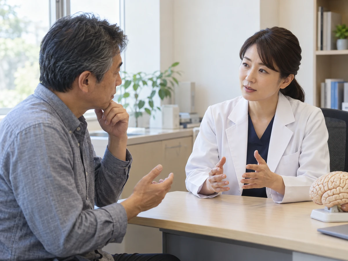 正常な脳の模型を置いた診察室で、男性が女性医師に相談する様子