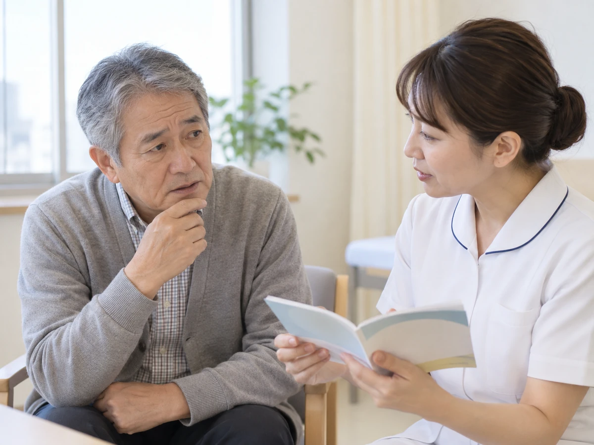 治療中の気になる症状を看護師へ相談する男性