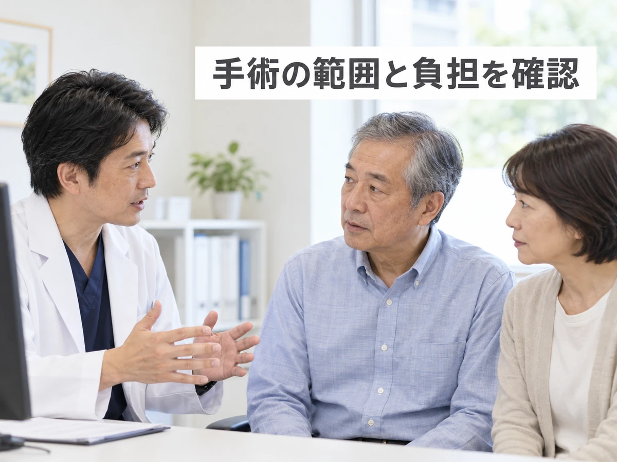 家族と一緒に手術の範囲や体への負担を医師に確認する男性