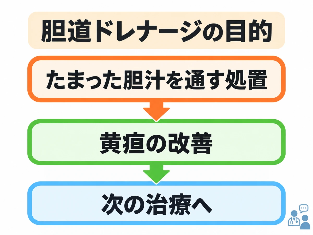 胆道ドレナージはたまった胆汁を通す処置で、黄疸の改善や次の治療につなげる目的があることを示す図