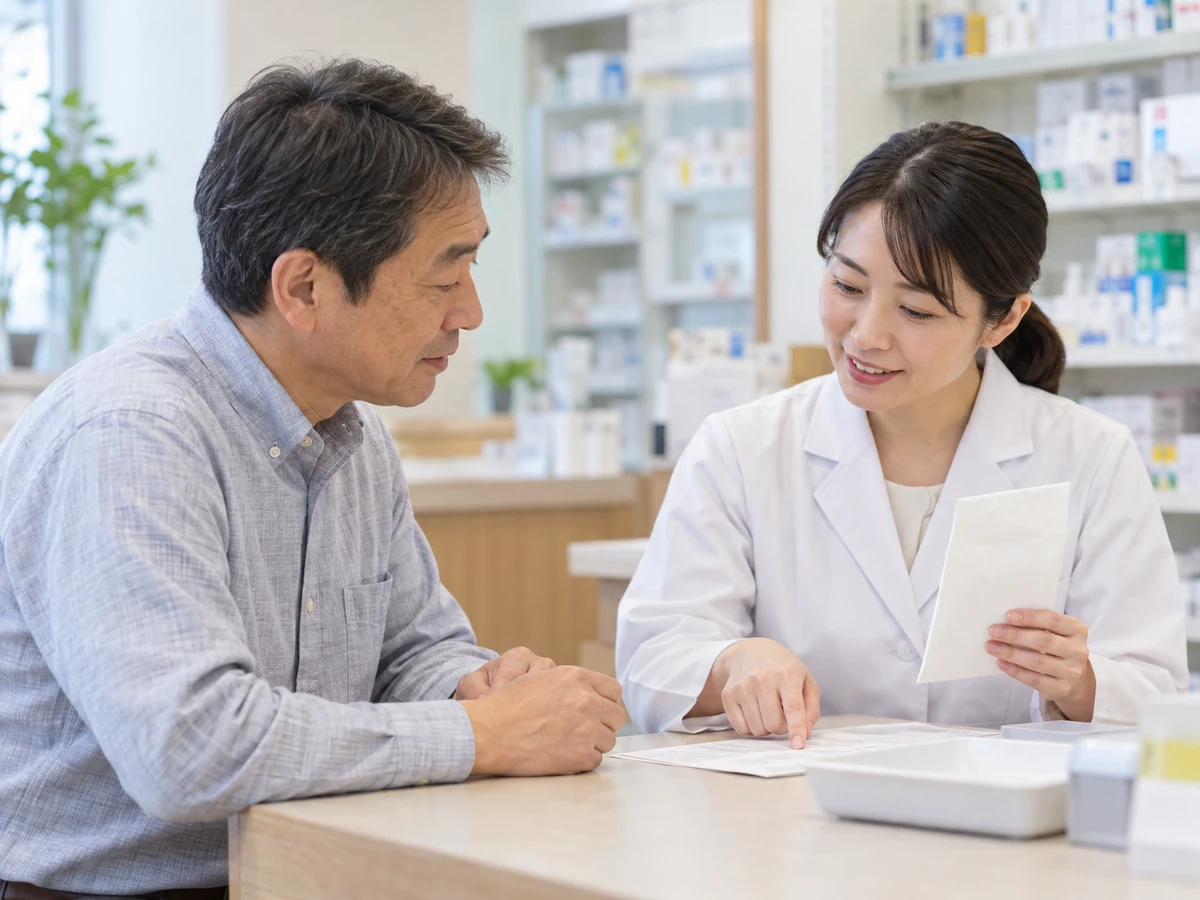 薬剤師と薬の説明を確認する高齢男性の写真