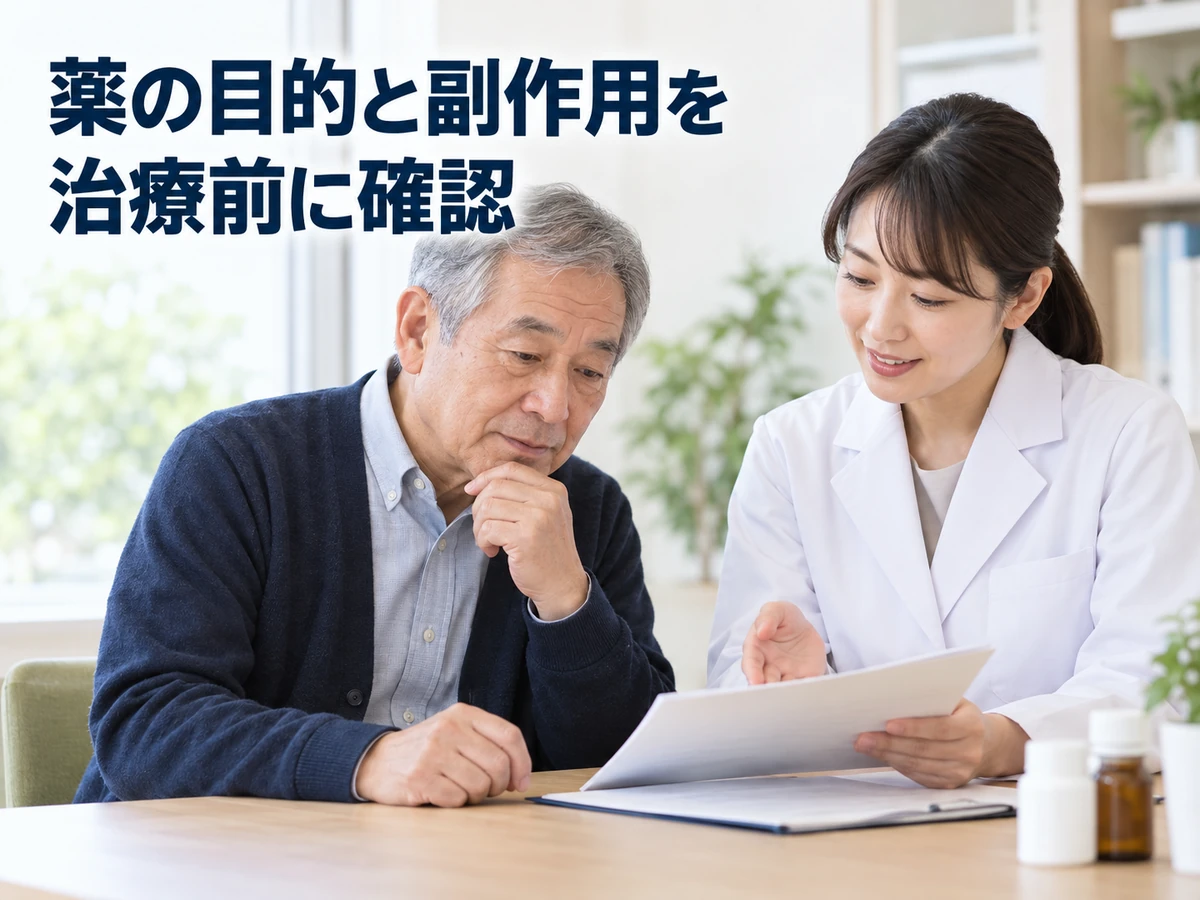 薬の目的と副作用を治療前に確認という言葉を添えた、資料を確認する男性と医師の写真