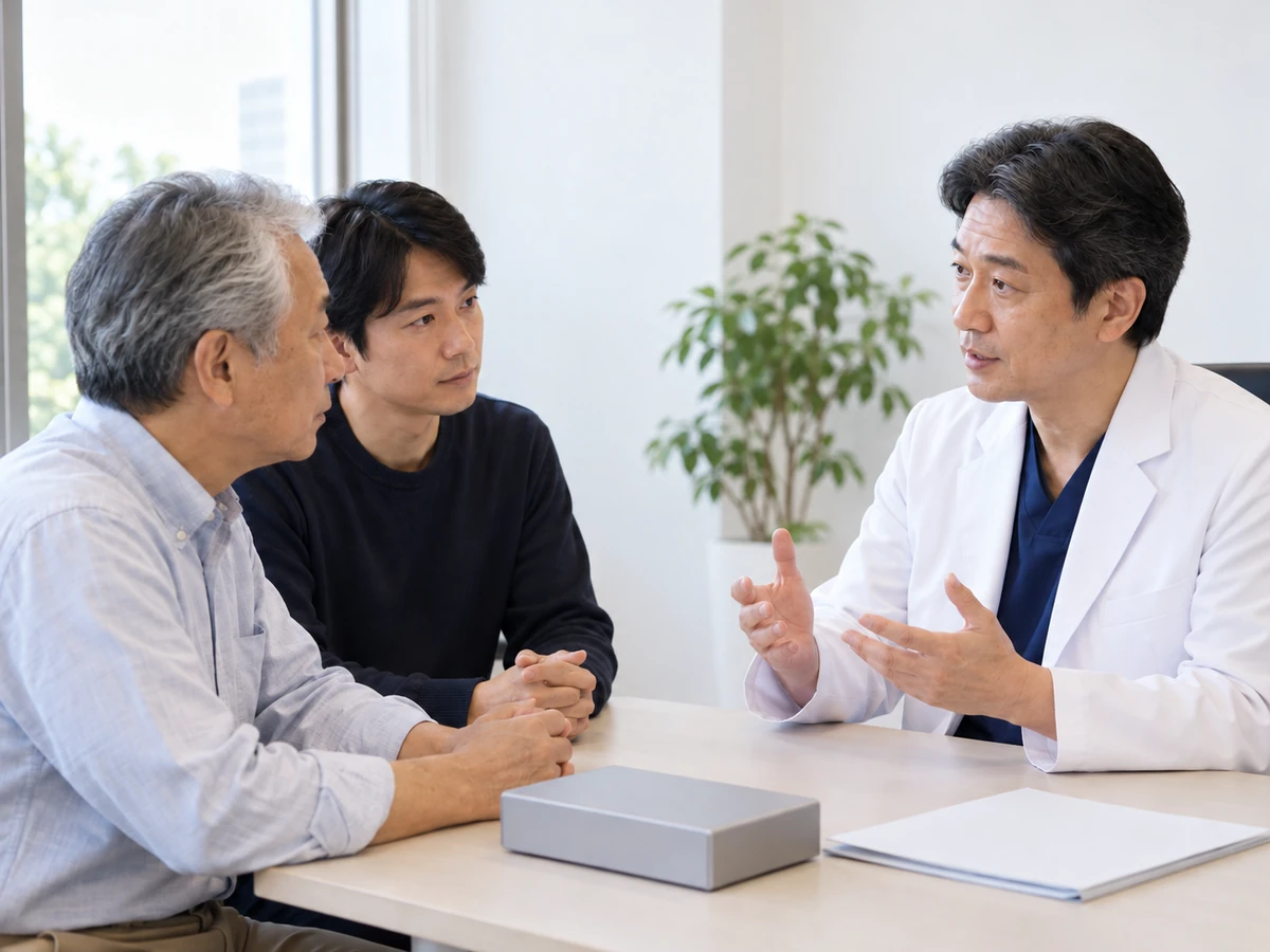 手術前の説明を医師から聞く年配の男性と成人の息子