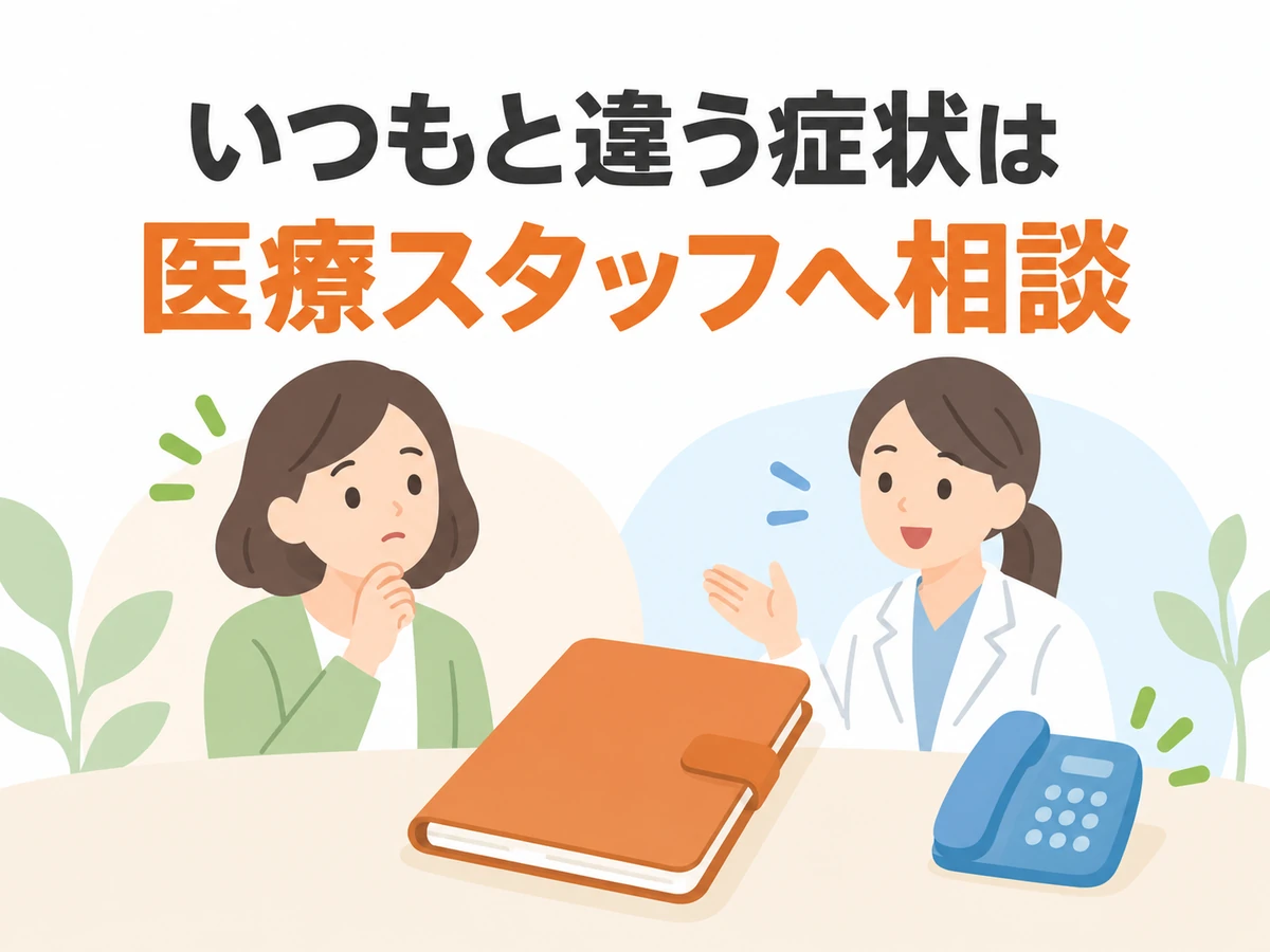 いつもと違う症状があるときは医療スタッフへ相談するよう促す図