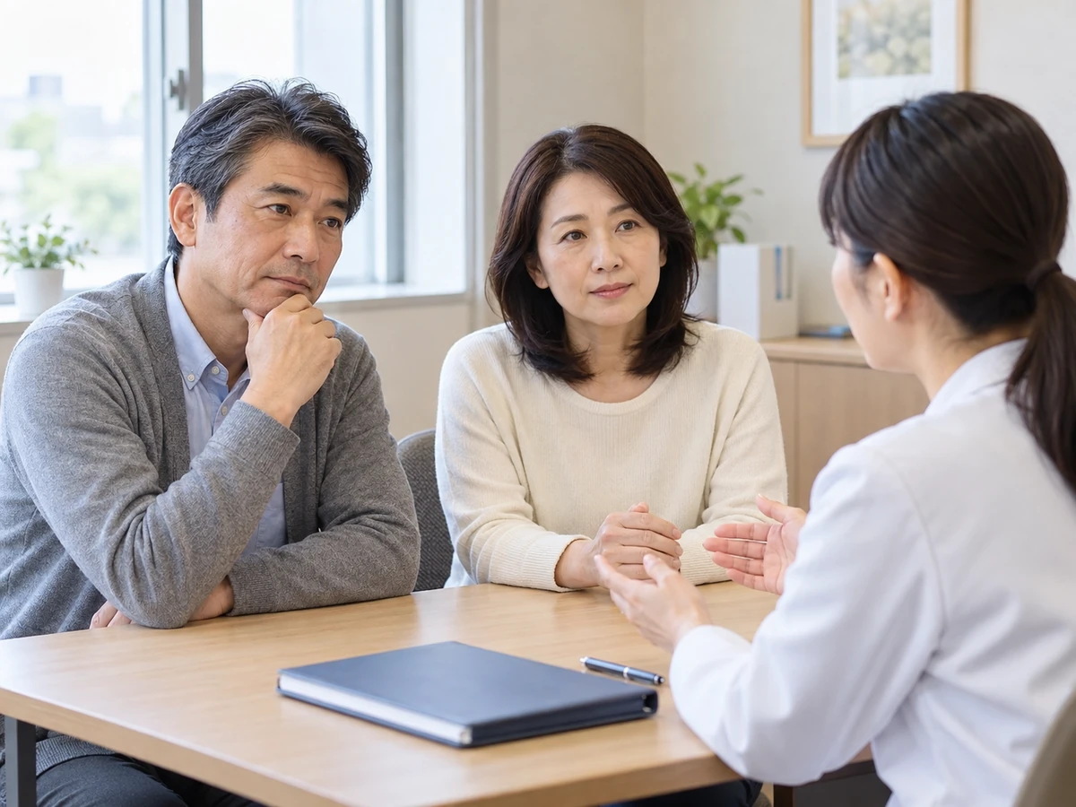 夫婦が診察室の机を囲み、担当者に相談している。