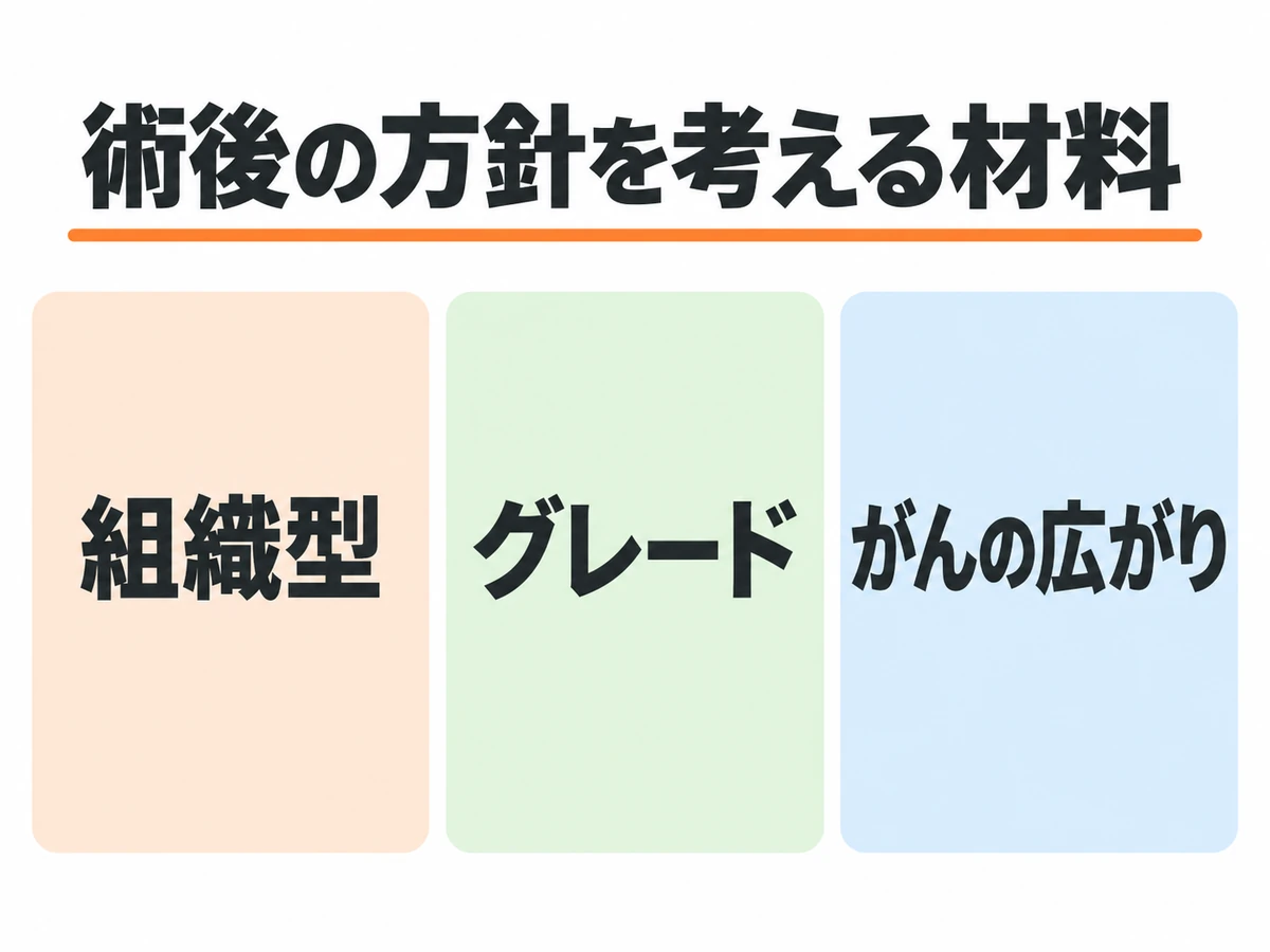 術後の方針を考える材料として組織型、グレード、がんの広がりを示した図