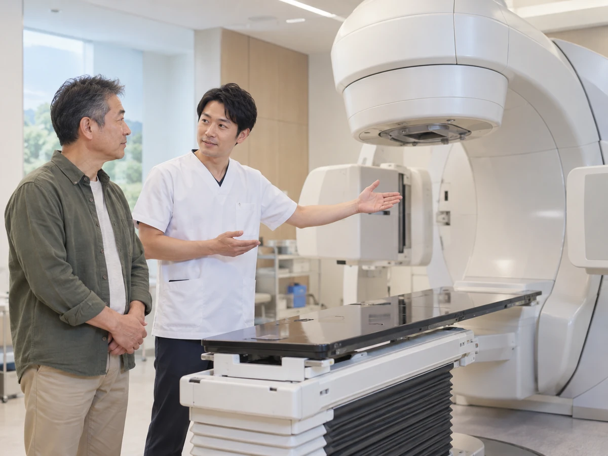 空の放射線治療台と装置を示しながら、医療スタッフが男性に説明する様子