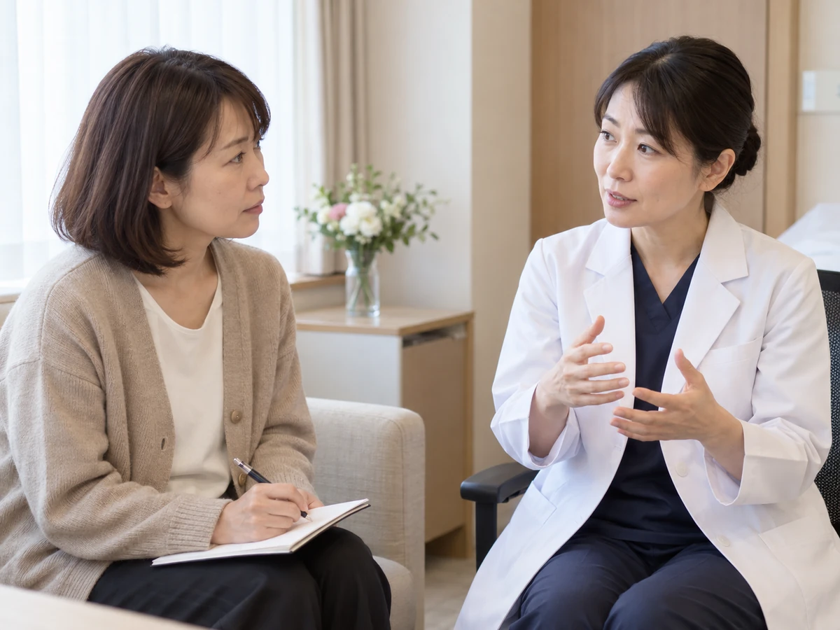 無地のノートを持ち、手術について女性医師へ相談する女性。