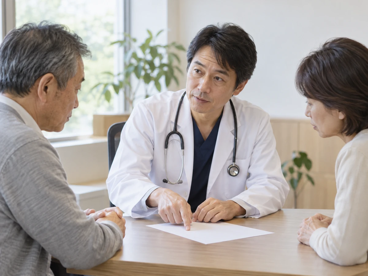 家族が同席する診察室で、医師から手術の説明を聞く男性