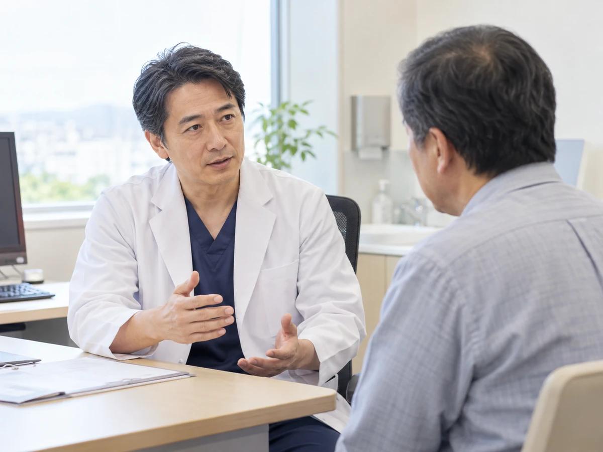 医師から治療の説明を受ける男性の写真
