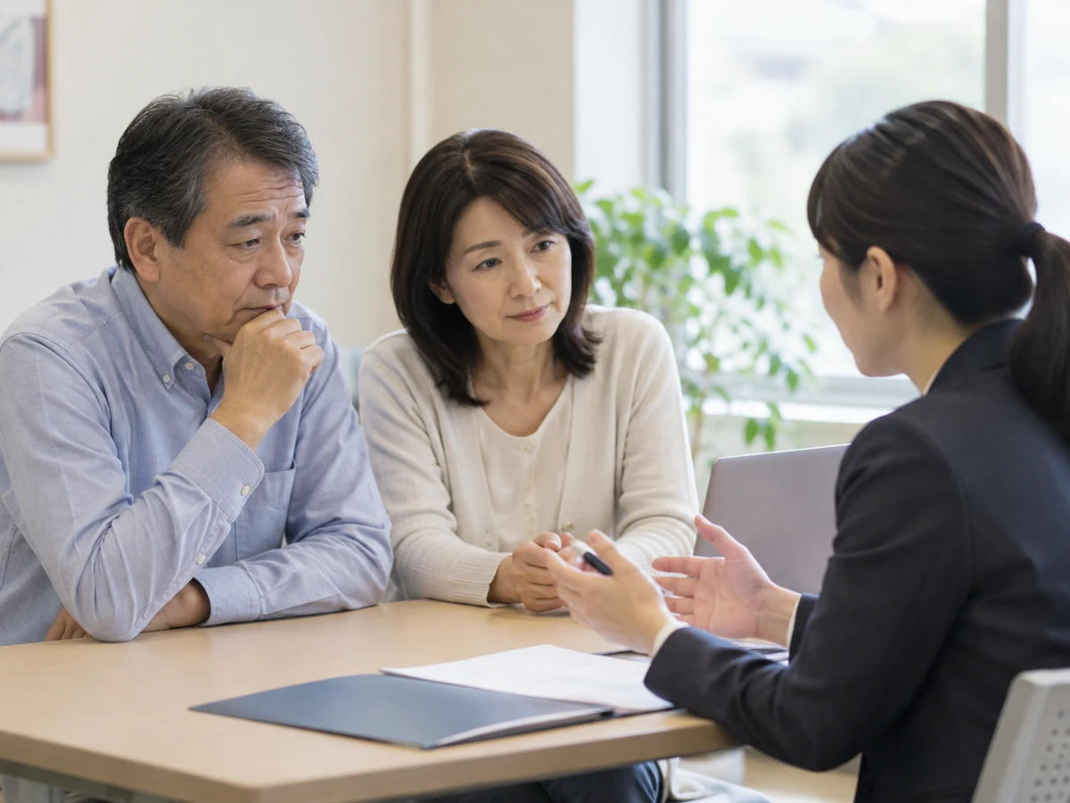 夫婦が相談員と向かい合い、資料を前に相談している。