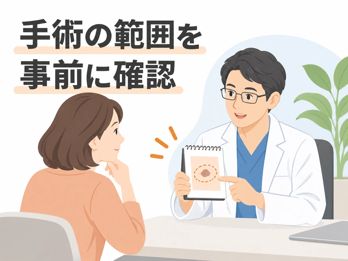 手術の範囲を事前に確認するよう伝え、女性と医師がノートの図を見て話すイラスト。