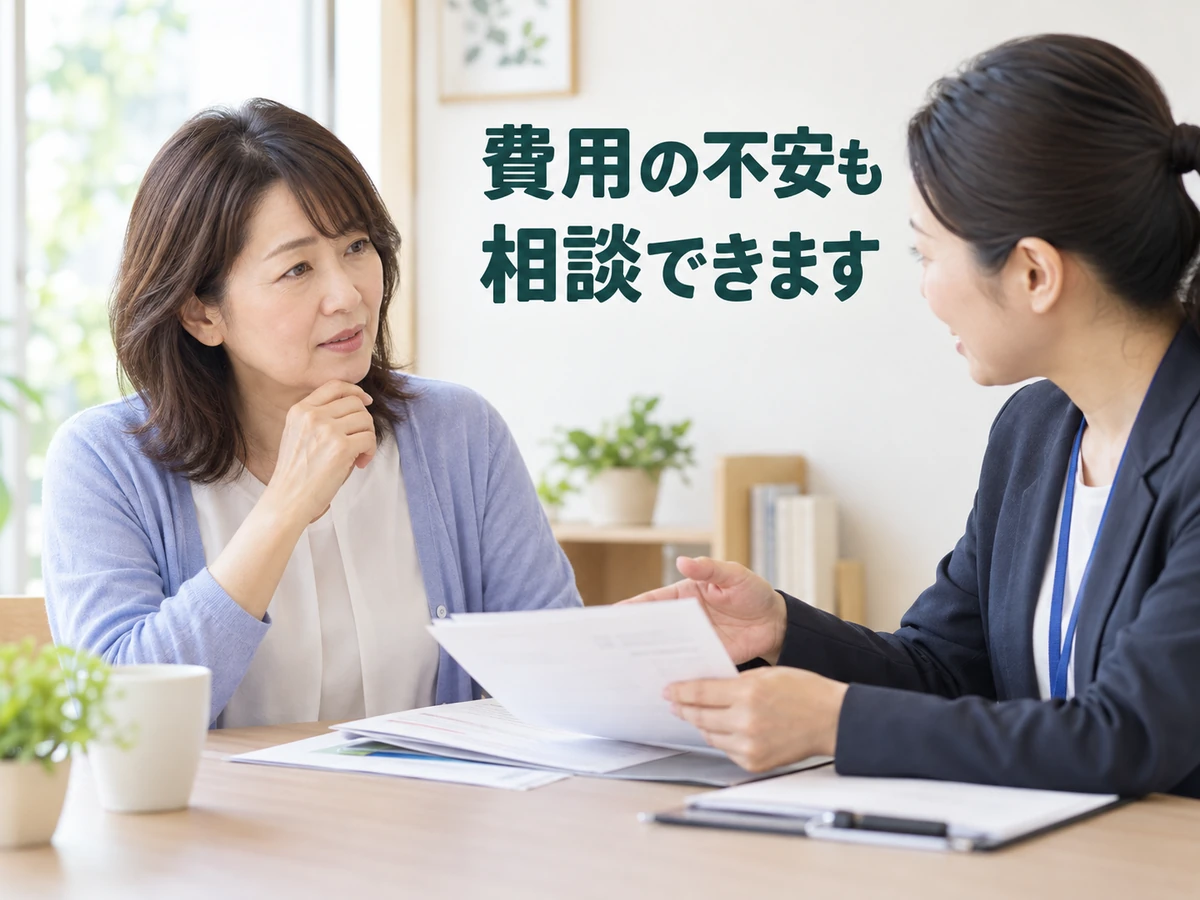 治療費について相談する女性と、費用の不安も相談できることを伝える言葉