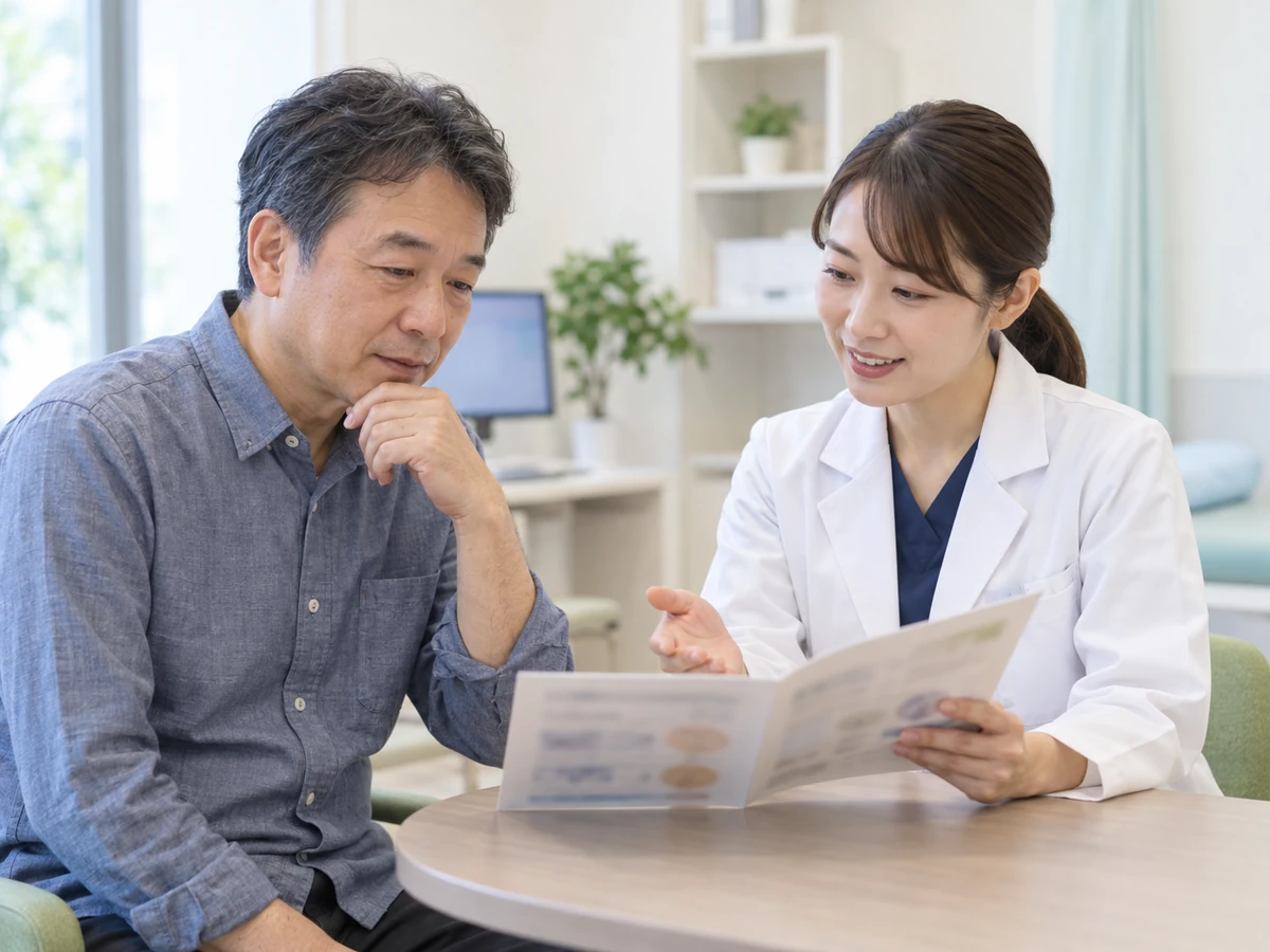 資料を見ながら薬について説明を受ける男性