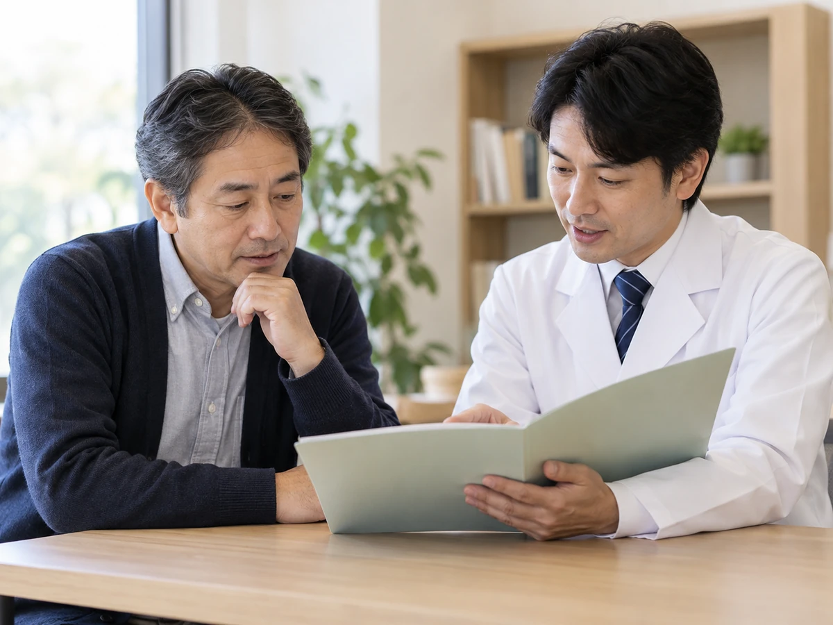 薬物療法の説明を薬剤師から聞く男性のイメージ