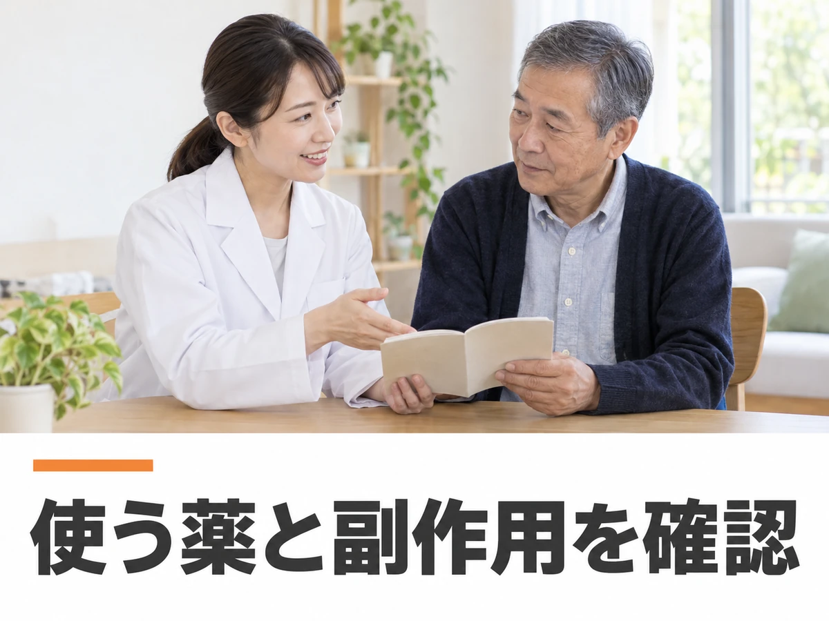男性と薬剤師がノートを確認する場面に、「使う薬と副作用を確認」と添えた画像。