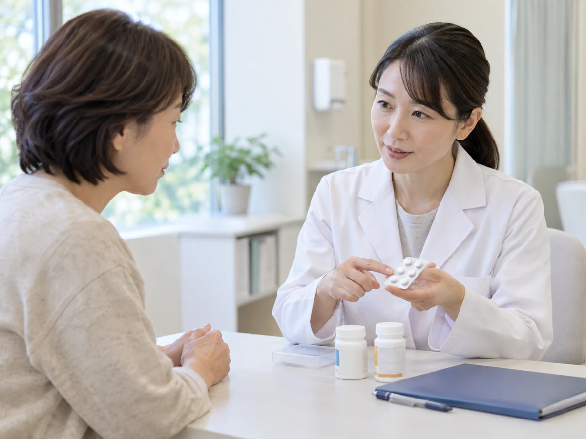 女性が薬剤師から薬の説明を受ける様子