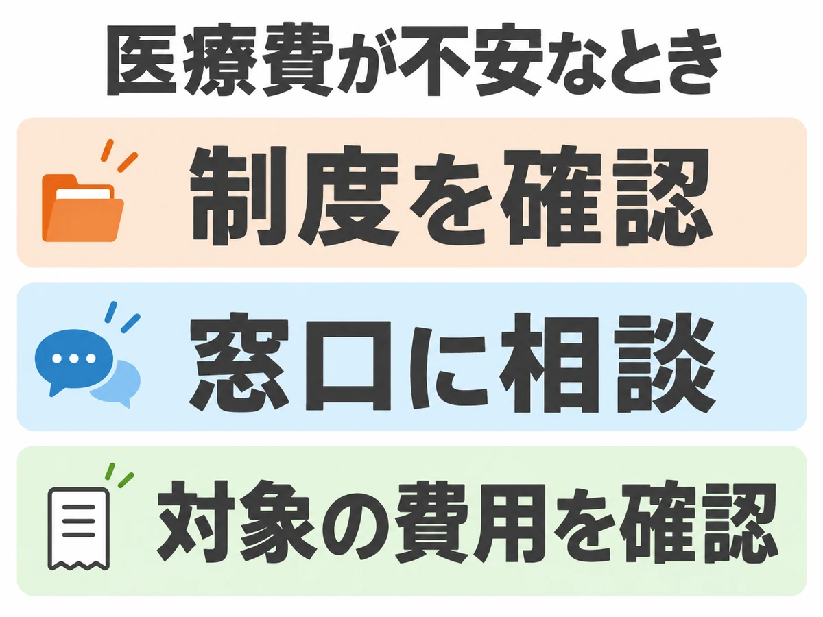 医療費が不安なときは、制度を確認し、窓口に相談し、対象の費用を確認することを示した図解。