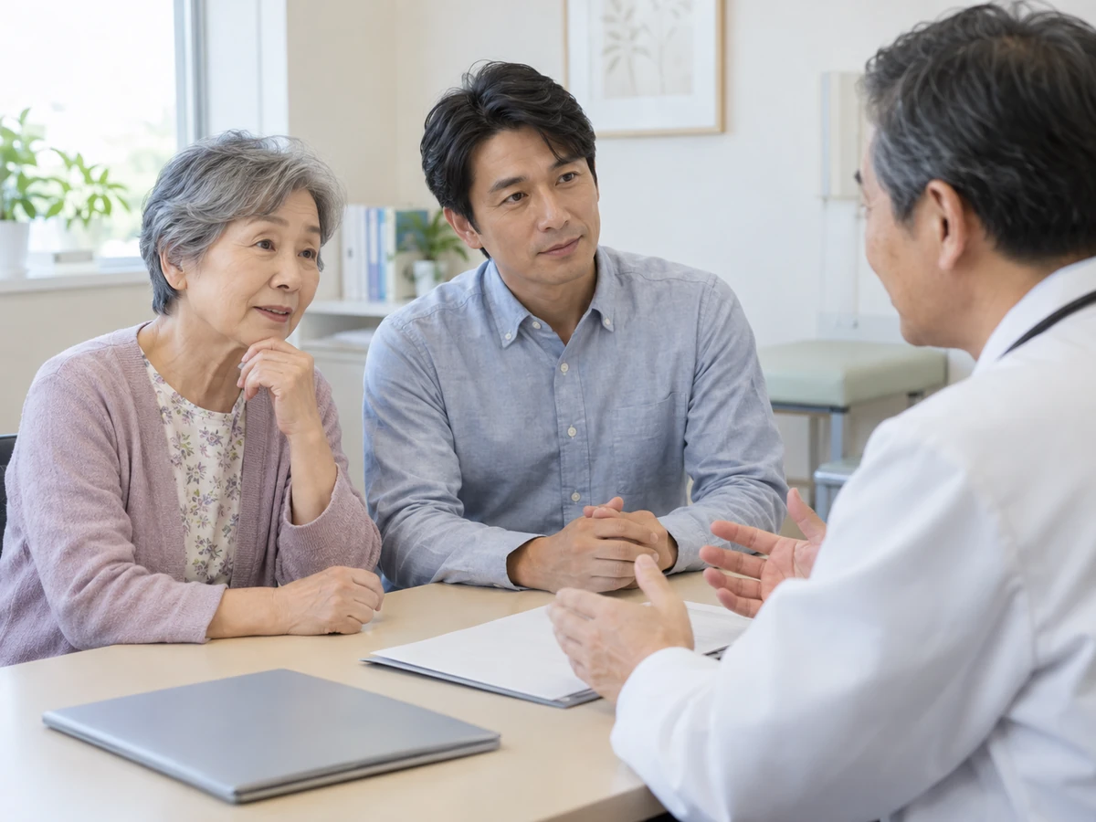 年配の女性が家族と一緒に医師の説明を聞いている。