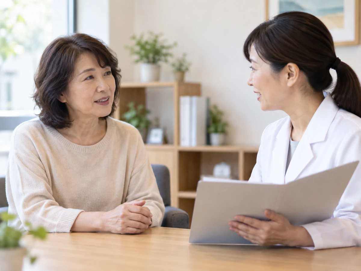 資料を見ながら薬剤師に相談する女性