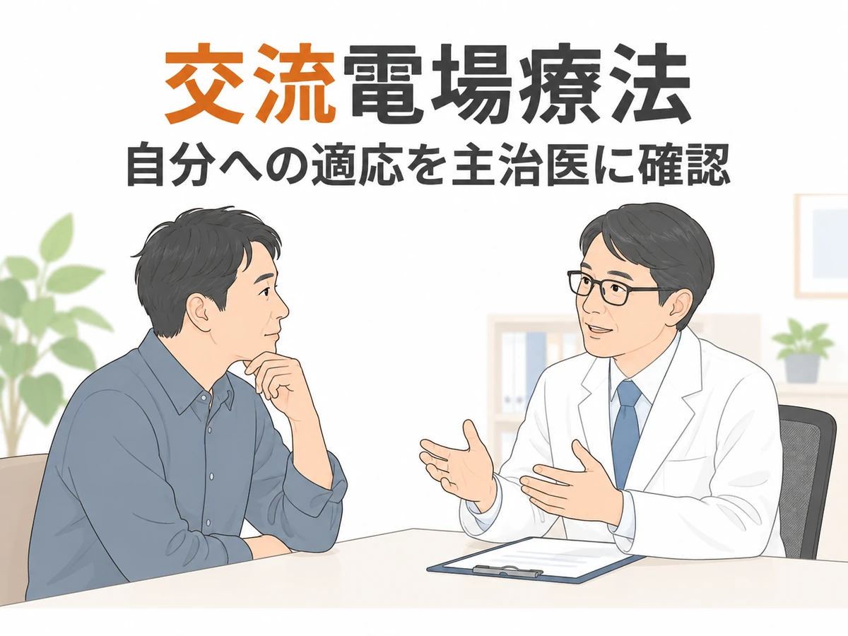 交流電場療法が自分に適応するか主治医に確認することを示した、男性と医師の相談イラスト