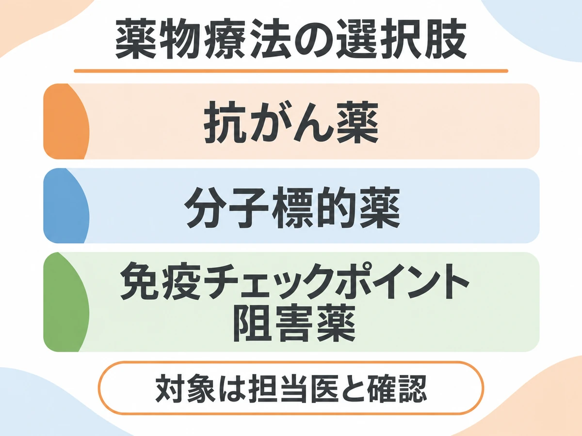 抗がん薬、分子標的薬、免疫チェックポイント阻害薬の分類と、対象を担当医と確認することを示す図解。