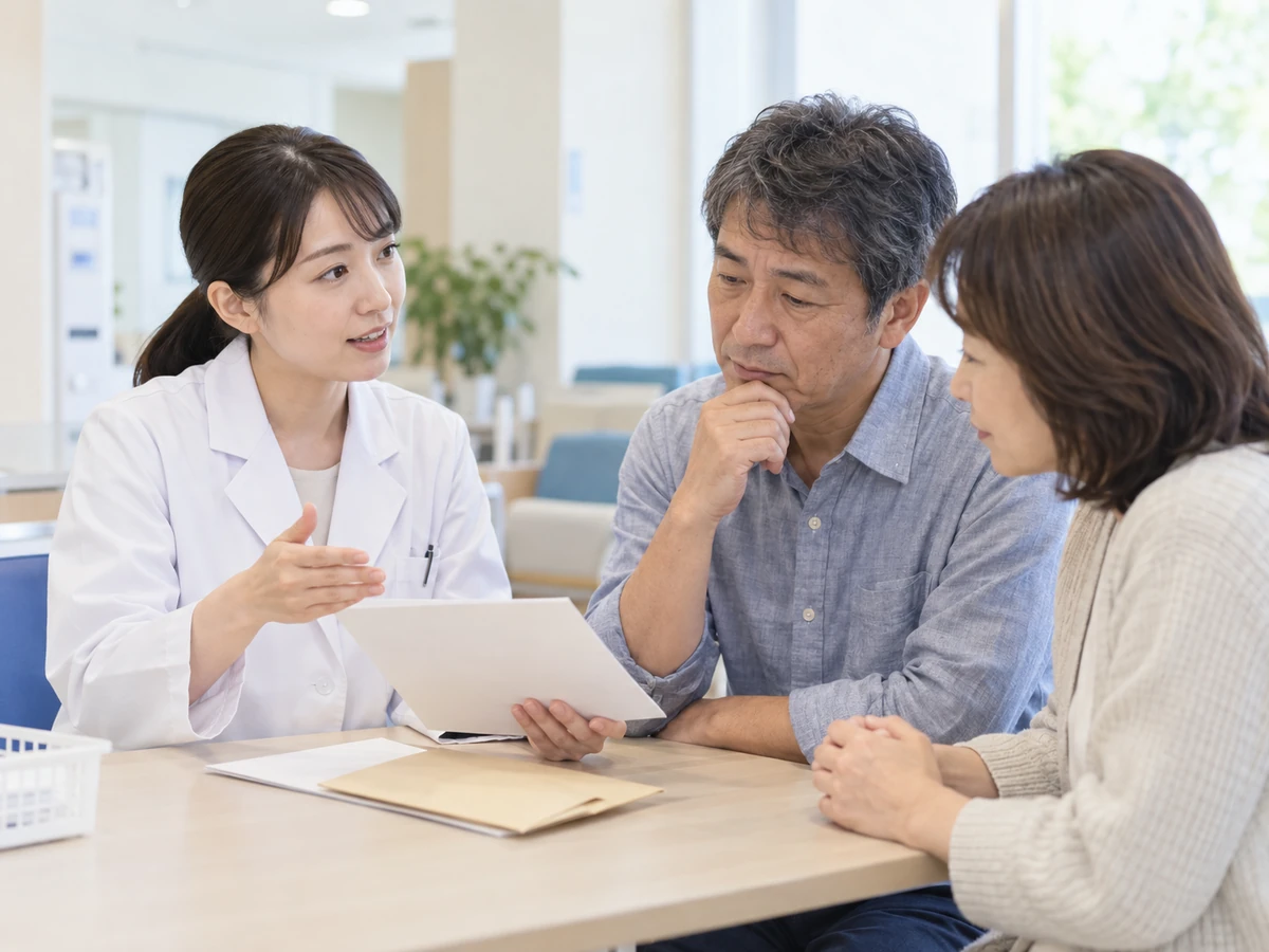 薬剤師から説明を受ける男性と家族の写真