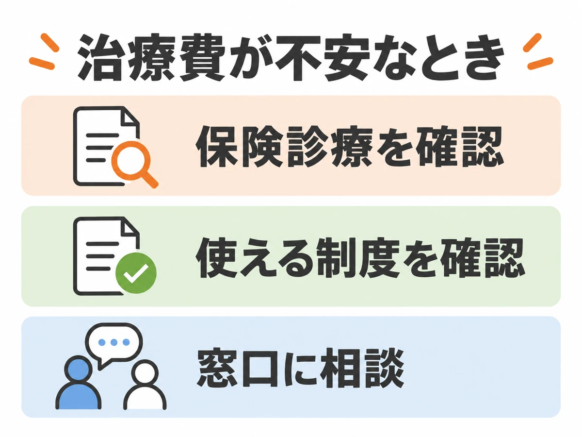 治療費が不安なときに保険診療と使える制度を確認し、窓口に相談することを示した図