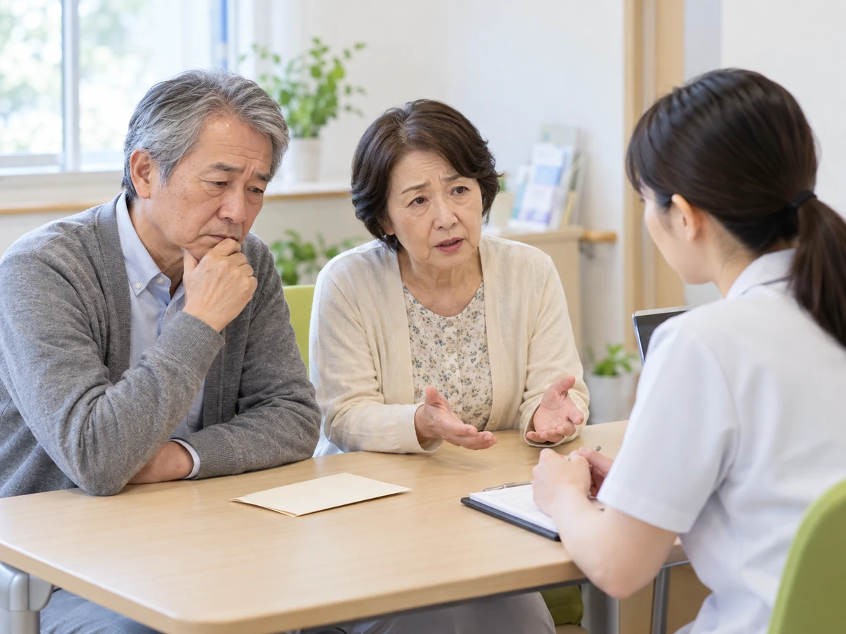家族と一緒に相談窓口で支援について話す高齢男性