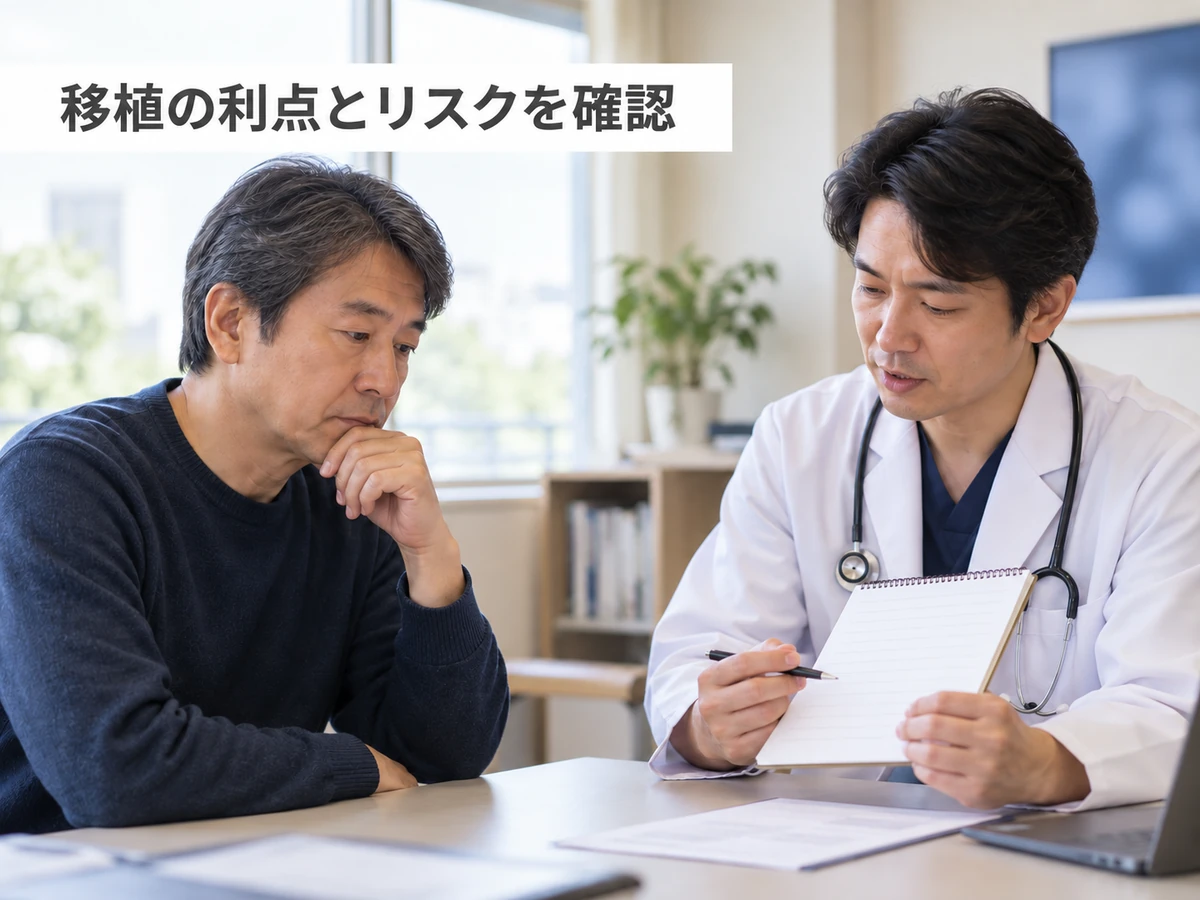 造血幹細胞移植の利点とリスクについて医師と相談する男性の写真