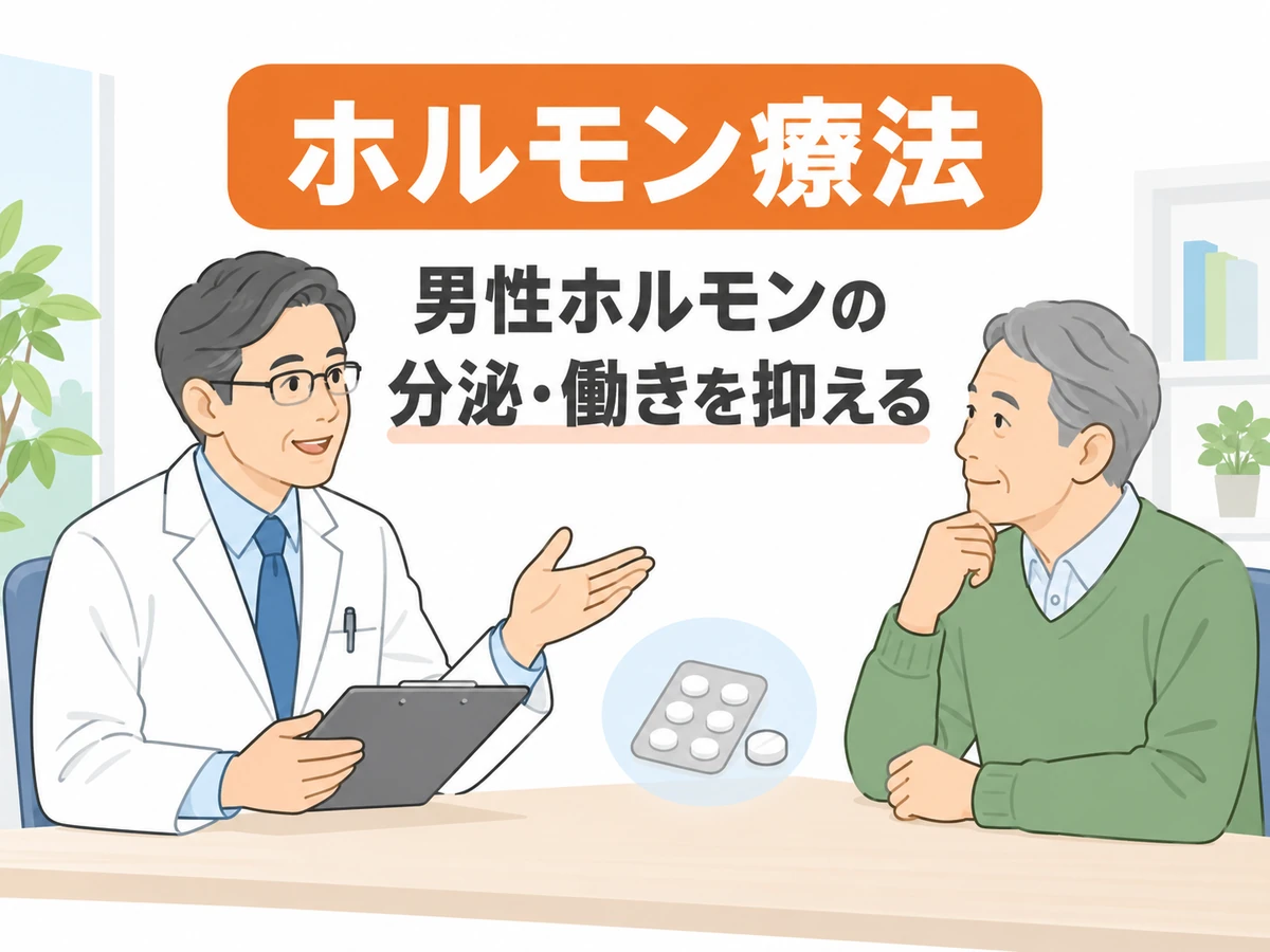 ホルモン療法は男性ホルモンの分泌や働きを抑えると伝える、医師と男性の相談のイラスト
