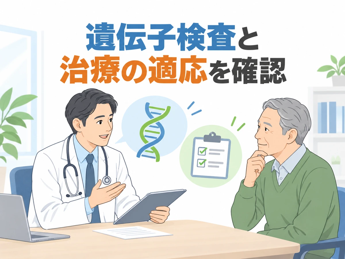 遺伝子検査と治療の適応を医師へ確認する男性のイラスト